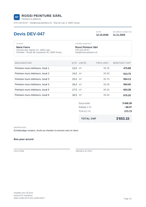 Devis au modèle Classique : en-tête sobre, bloc client et contact encadré, tableau des postes, bande de total grise, zone Bon pour accord.