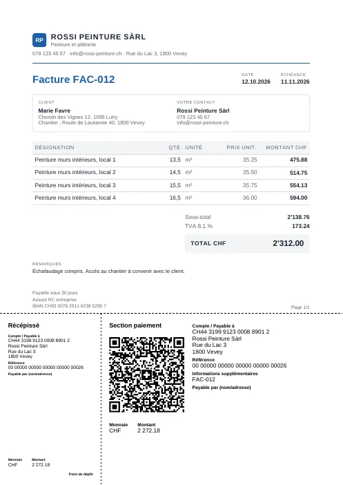 Facture au modèle Classique, exemple : quatre postes de peinture, TVA 8.1 %, et en bas de page la section paiement QR suisse avec récépissé, code QR et montant en CHF.