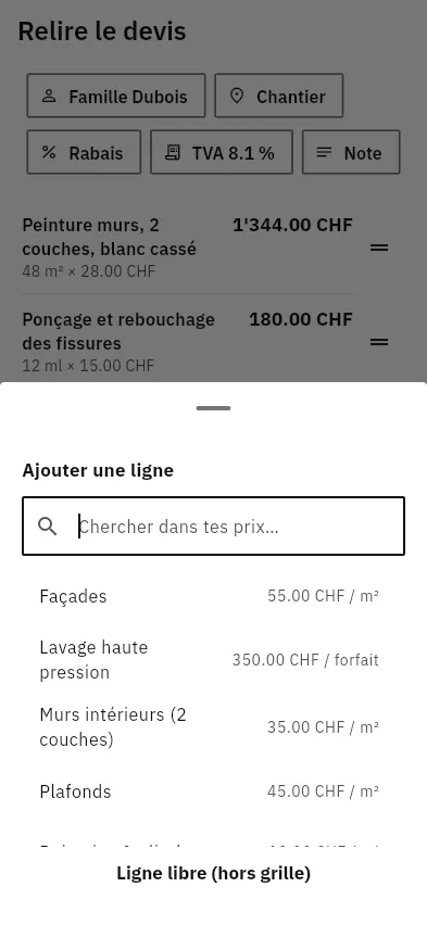 Feuille Ajouter une ligne : recherche dans la grille de prix de l'artisan, avec Façades 55.00 CHF le m², Lavage haute pression 350.00 CHF le forfait, Murs intérieurs deux couches 35.00 CHF le m².